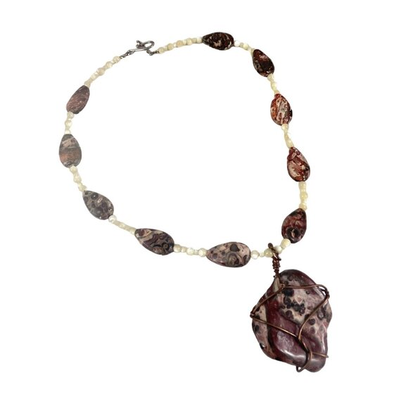 Handcrafted Leopard Skin Jasper & Pearl Necklace With Copper Wire Wrap Pendant - Picture 3 of 7